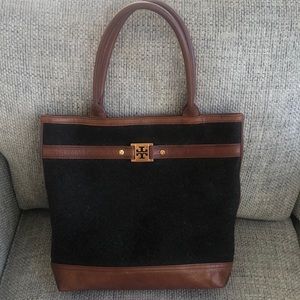 Tory Burch Black and Brown Leather-Trim Tote